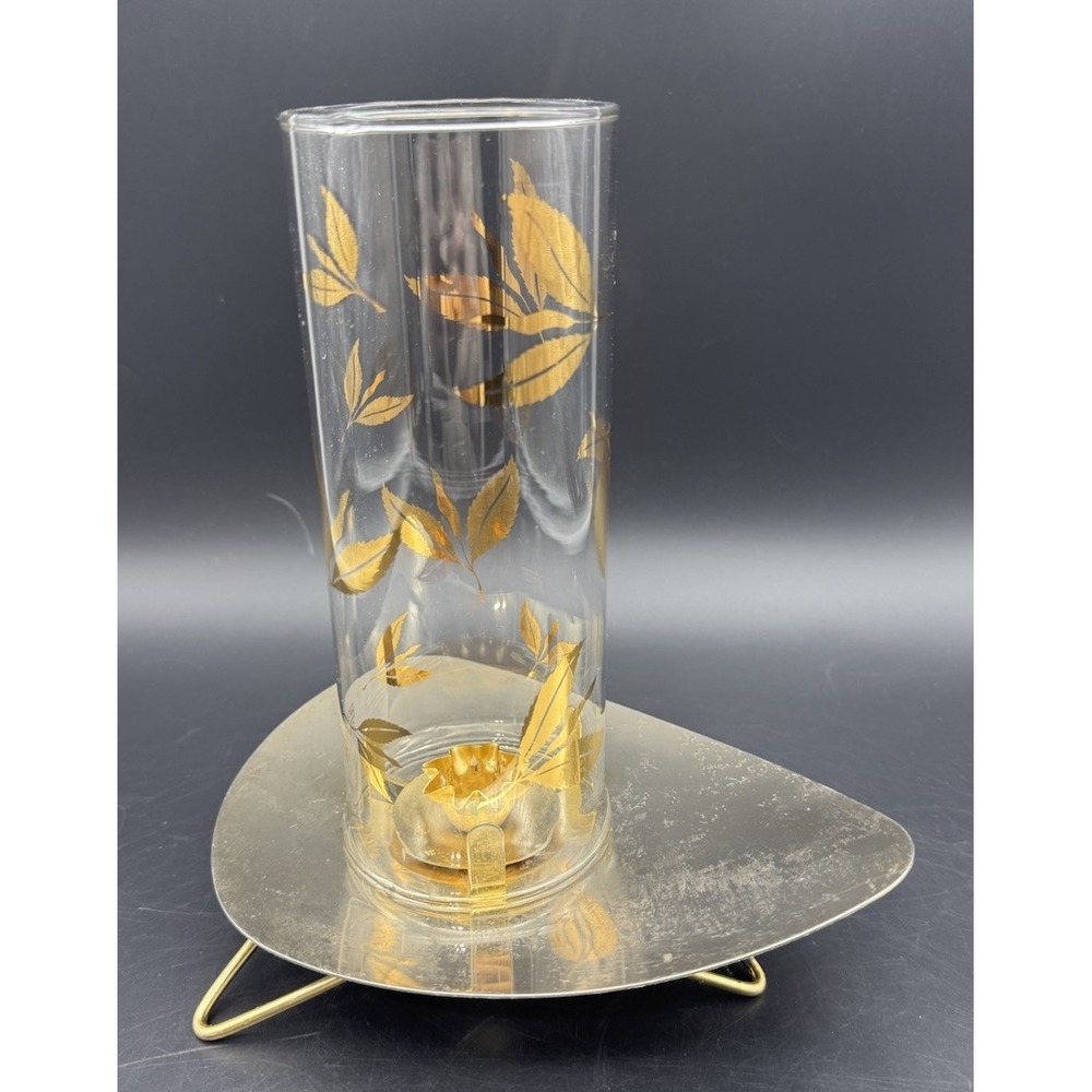 Vintage Gold Leaf Glass Hurricane Candle Holder w Metal Tripod Base 9" Douglas